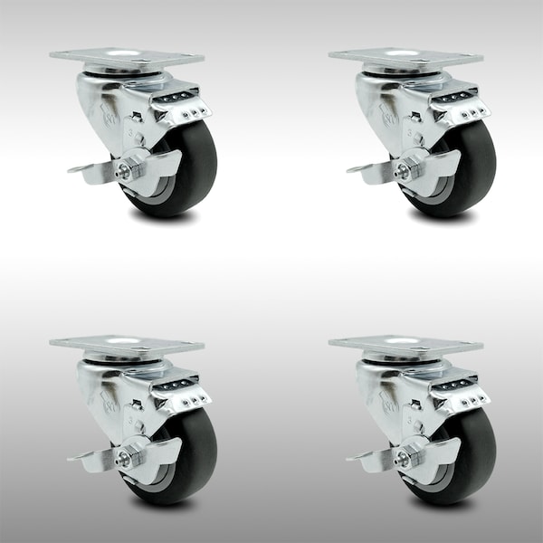 3.5 Inch SS Thermoplastic Rubber Swivel Top Plate Caster Set with Brake SCC